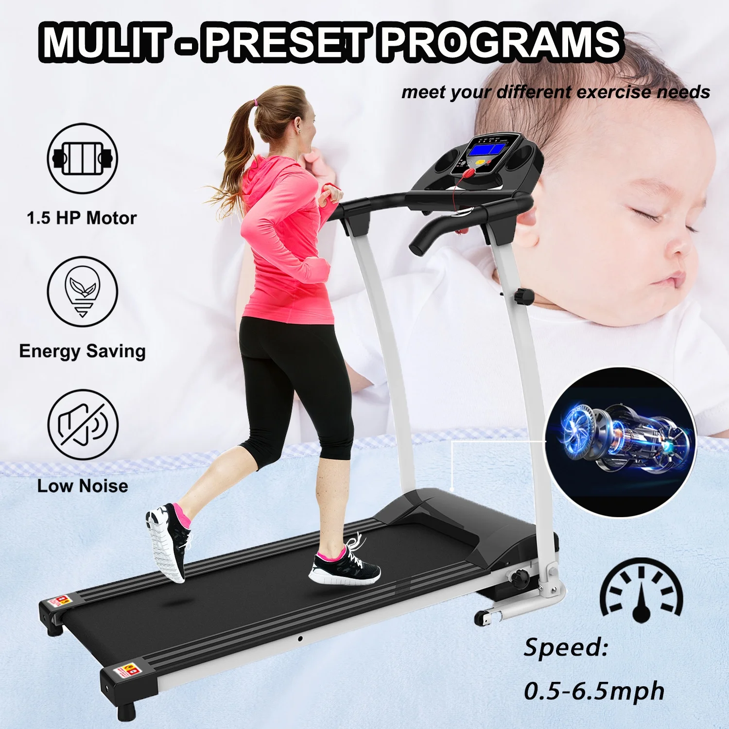 FYC Foldable Treadmills for Home, Electric Running Exercise Machine Compact Treadmill for Home Gym Fitness Workout Jogging Walking for Home Office Apartment, White
