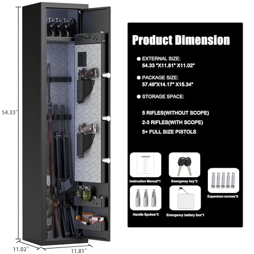 Fireproof Long Gun Safe for Rifles, 5-7 Digital Rifle Gun Safe with LCD Touch Screen Keypad, Quick Access Heavy Gun Safe for Rifles and Pistols with Dual Alarm System, Mute Mode
