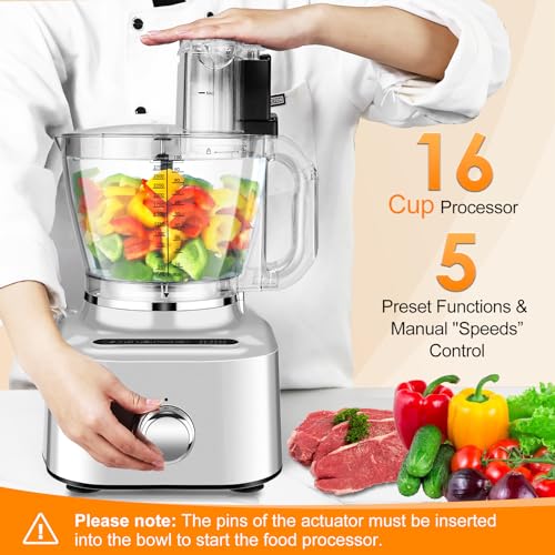 Homtone 16 Cup Food Processor, Aluminum-Diecast Blender and Food Processor Combo, 5 Preset Modes Vegetable Chopper Electric, 8 Blades 11 Functions for Home Use, Stepless Speed Control, 650W, Sliver