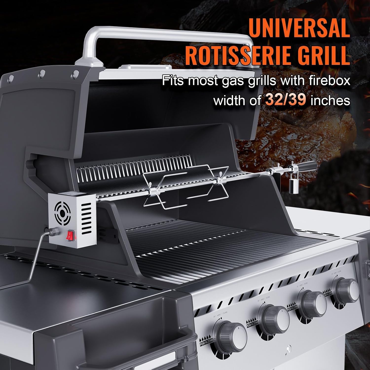 Heavy Duty Stainless Steel Grill Rotisserie Kit with 9W Motor - Automatic Grilling Attachment for Electric Bbq Grill - 32-Inch / 39-Inch Hexagon Spit Rod - 26 Lbs Capacity