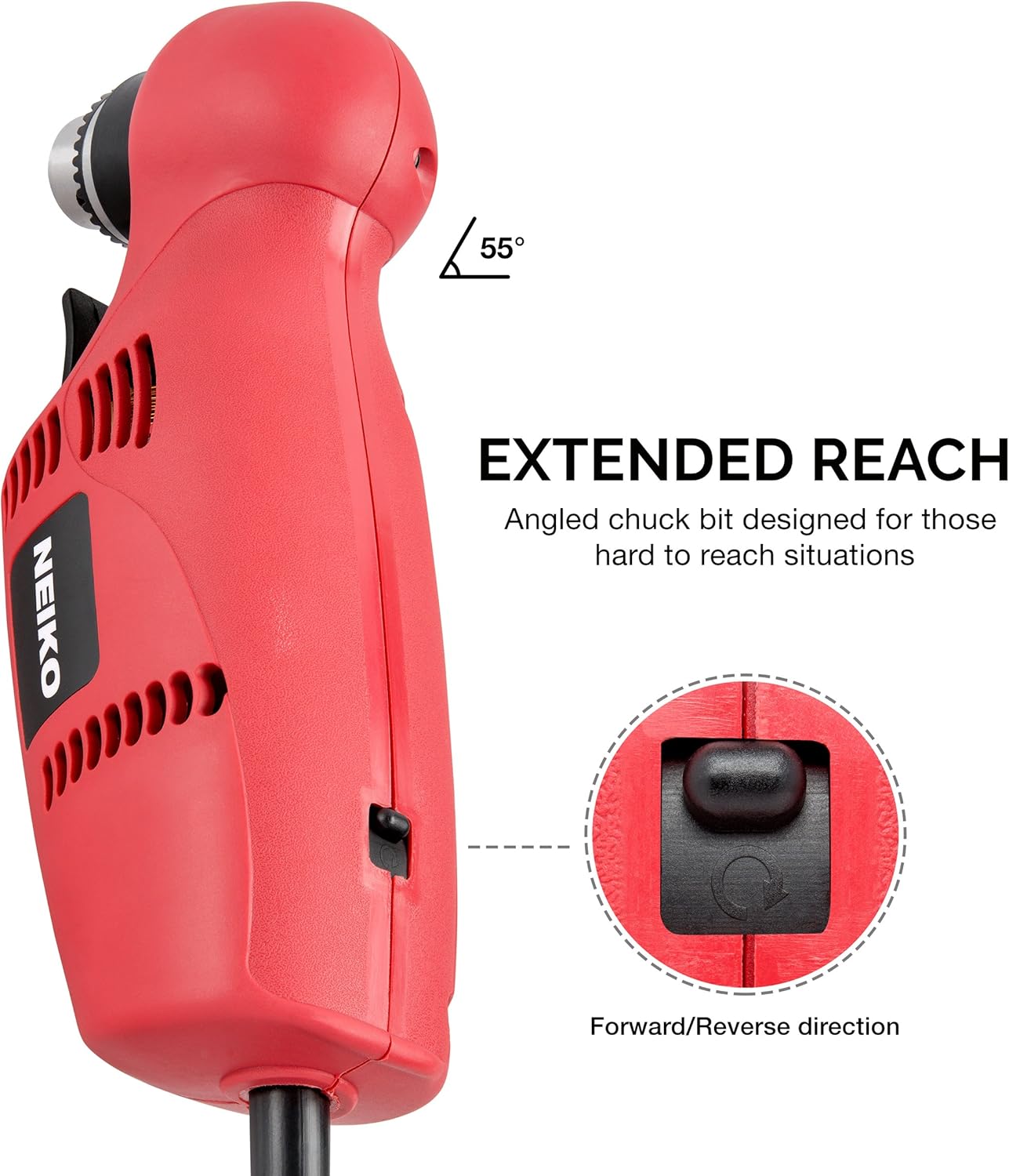 NEIKO 10529A 3/8" Close Quarter Angle Power Drill | 55-Degree Angle | Variable Speed (0-1400 RPM) | 120 Volt Pack of 2
