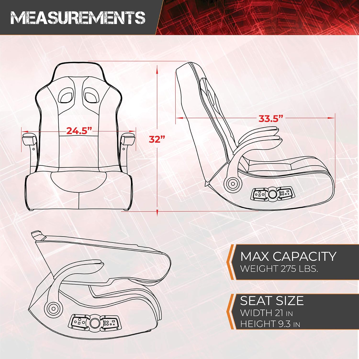 X Rocker, 5172801, Vibe 2.1 Wireless Bluetooth Gaming Floor Rocker, 23.62 x 14.57 x 17.69, Black/Red