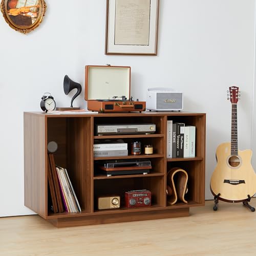 Stereo Cabinet, Media Storage Cabinet, 5-Tier Shelves Audio Video Record Player Stand Cabinet, Modern AV Cabinet with Cable Management for Entertainment Stereo Component(Black)