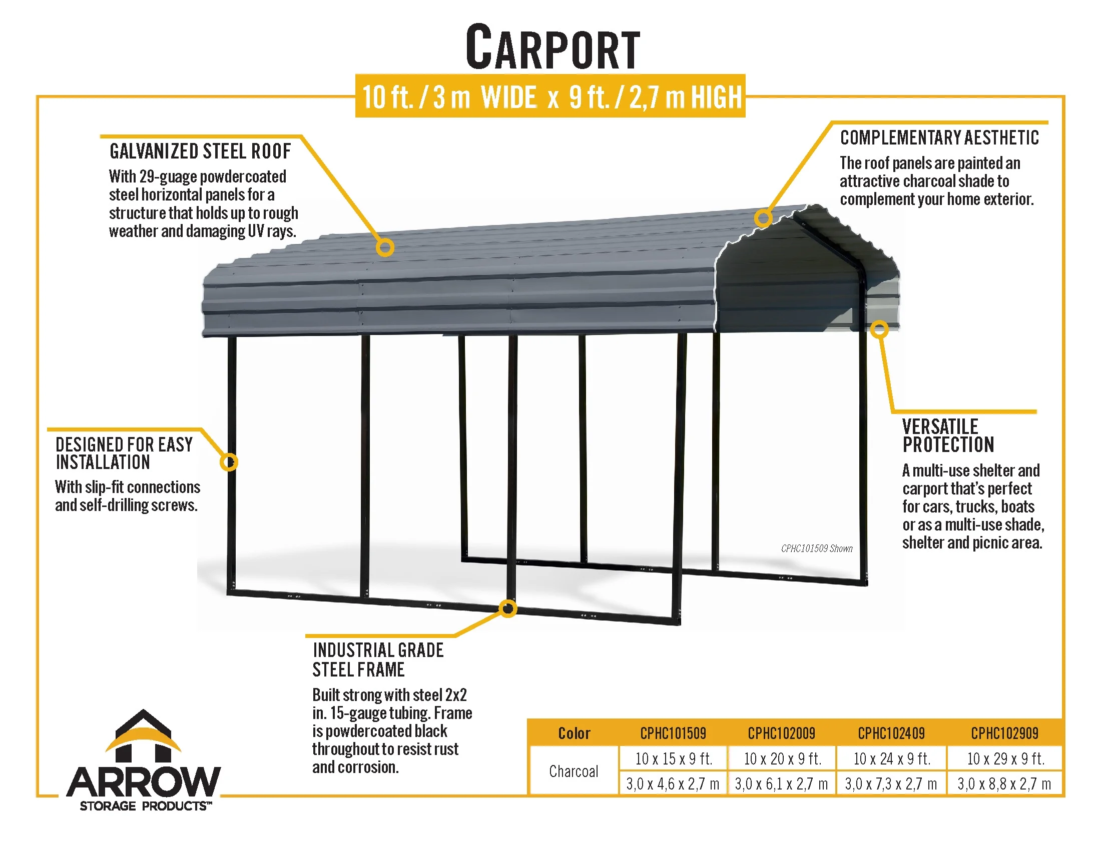 Arrow Carport, 10 ft. x 29 ft. x 9 ft. Charcoal