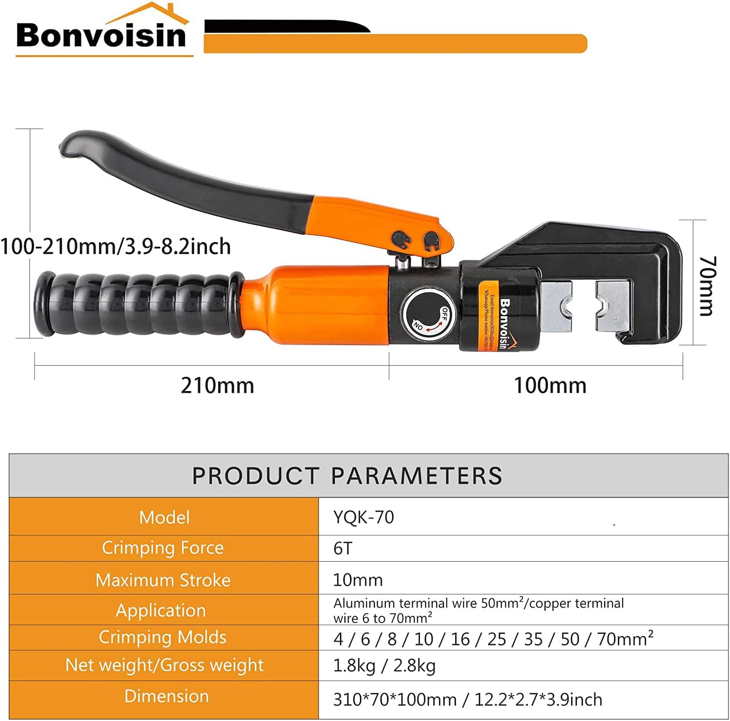 Bonvoisin Hydraulic Wire Crimper Battery Cable Crimper awg 12-2/0 awg Lug Crimping Tool with 9 Dies for Copper Aluminum Lugs Terminals Pack of 2