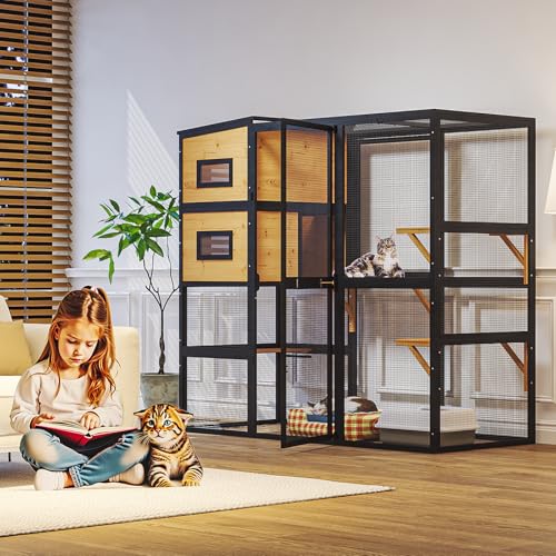 Catio Outdoor Cat Enclosure, Large Cat House for Mulitiple Cats Walk in Cat Cage with Waterproof Cover and Sunshine Panel Roof, Feral Cat Shelter with 7 Platforms and 2 Resting Box, 72 inch