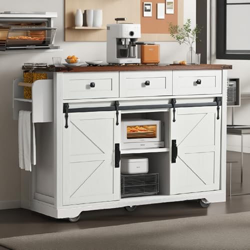53.7" Farmhouse Kitchen Island with Power Outlet,2 Sliding Barn Door Storage Island with Drop Leaf,Spice Rack and 3 Drawers,Rolling Kitchen Cart on Wheels for Dining Room, White