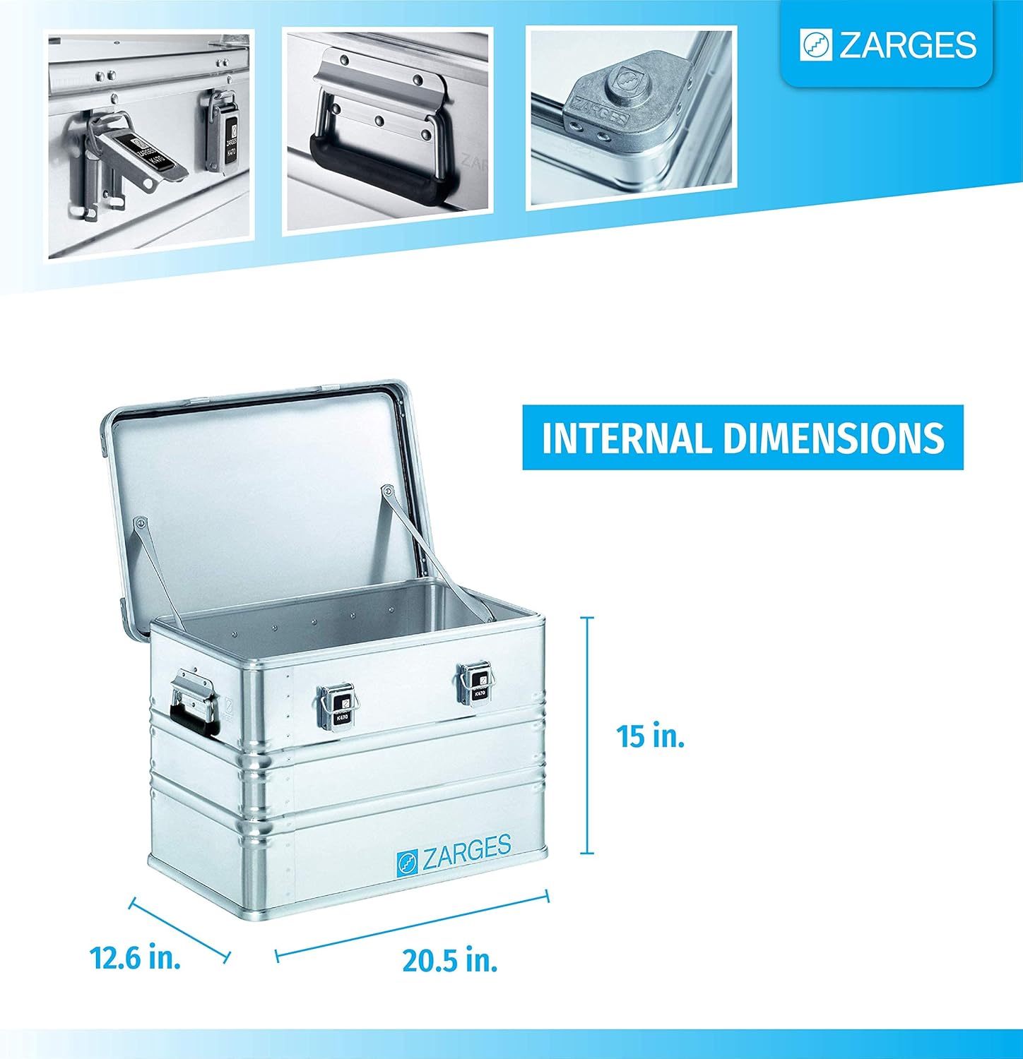 Zarges?K470 Aluminum Hard Protective Carrying Case, Portable Stackable Storage, Customizable Safe Lock Box, Dust and Water Resistant (44.1 x 28.3 x 18.9 Inches)
