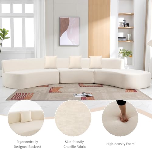 136.6" Stylish Curved Sofa Sectional Sofa Chenille Fabric Sofa Couch with Three Throw Pillows for Living Room, Beige Living Room Sectionals