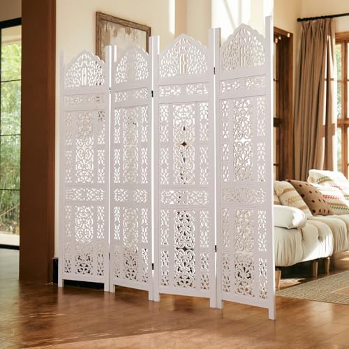 5.75Ft Room Divider Wood Carved Wall Divider Indoor Folding Portable Partition Screen for Home Office Garden Terrace - 4 Panel (Antique Brown)