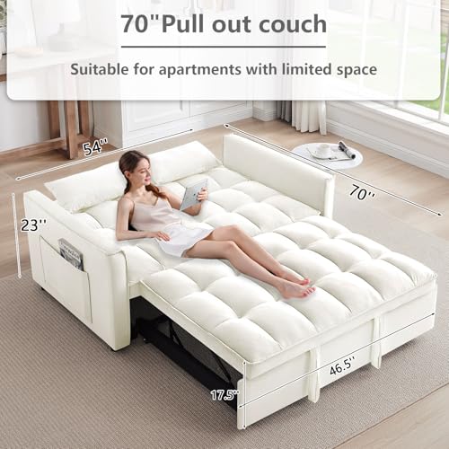 3 in 1 Convertible Sleeper Sofa Bed,Futon Loveseat Couch with Pull-Out Bed & Adjustable Backrest,Velvet Fabric Sofa with Side Pocket for Small Apartment, Living Room, Office (Black)
