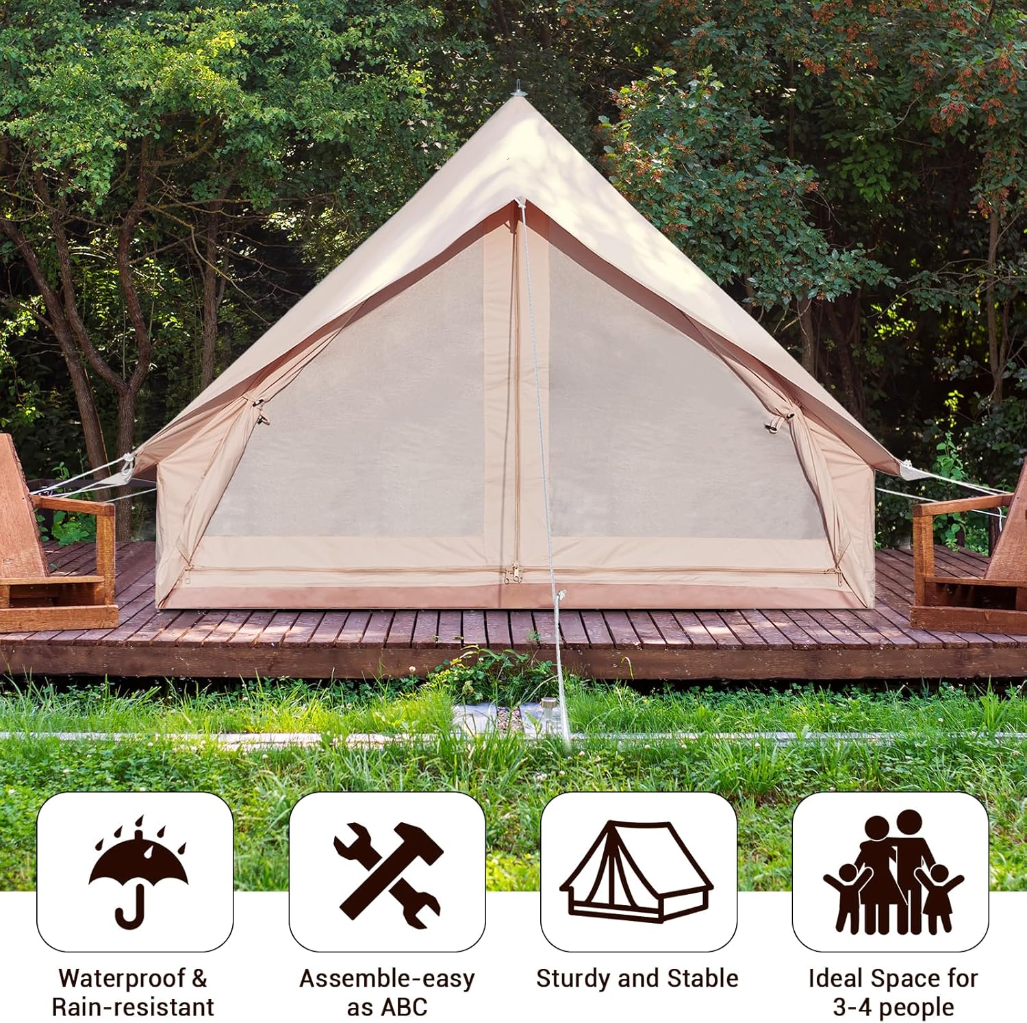 Double Door Canvas Glamping Tent Rainproof, Camping Bell Tent for 4 Person with Windows, Easy Set-Up All Season Tents - Embrace Outdoor Luxury with Family-Friendly Tent and Ready for Thrills