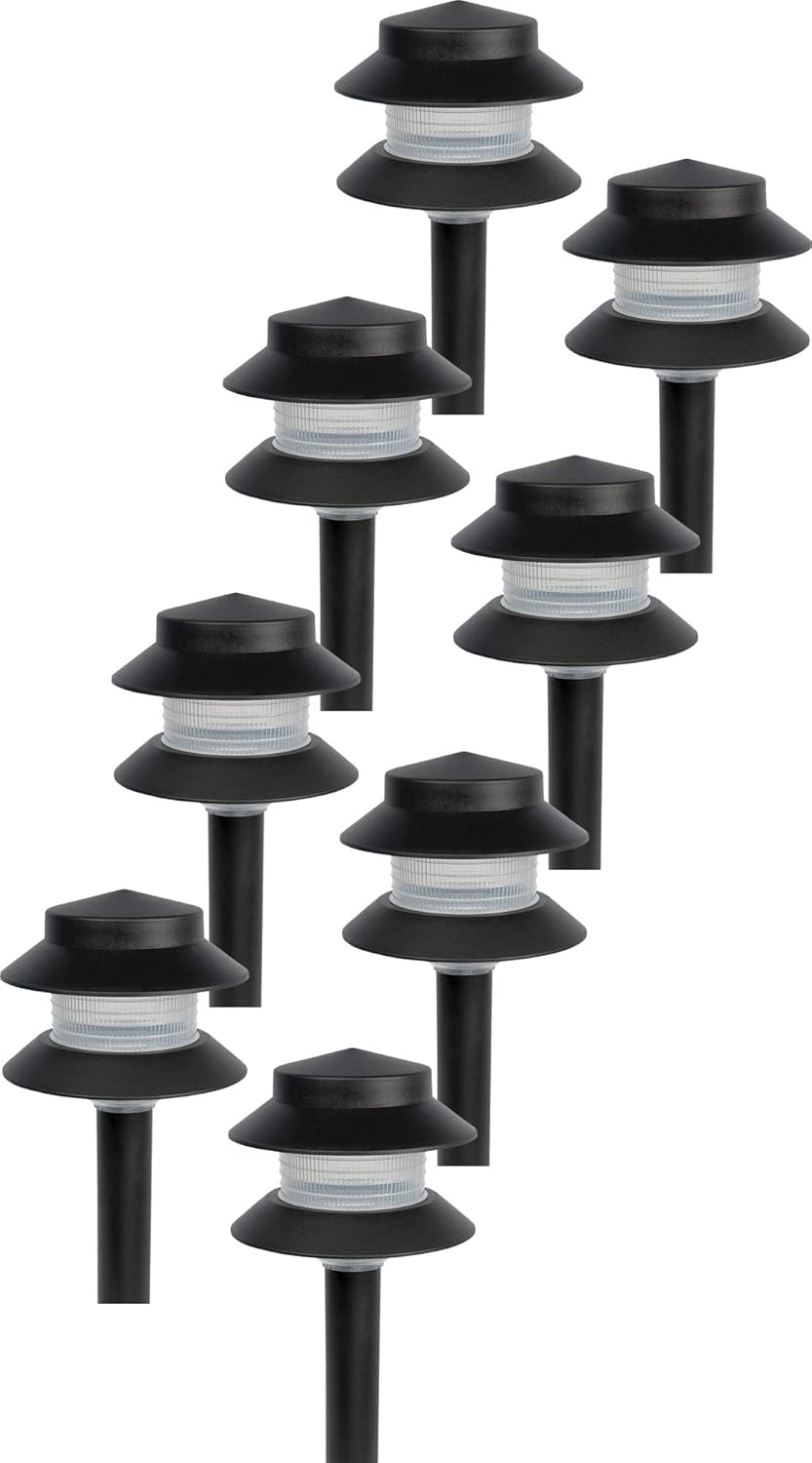 Paradise Garden Lighting GL22627 Outdoor Landscaping Path Light, Black Plastic 2-Tier Post Light, Ribbed Plastic Lens, Low Voltage 4W Incandescent T5 Wedge Bulb, 20 Lumens, 5.2x5.2x8.66