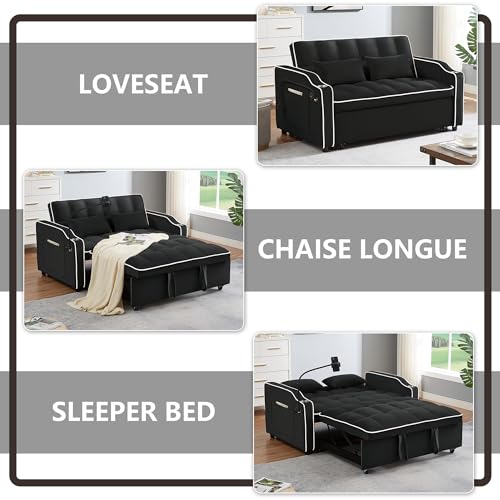 55" Convertible Sofa Bed, 3-in-1 Sleeper Sofa with Pull-Out Bed, Velvet Futon Couch with Reclining Backrest and Side Pocket & Cup Holder & Swivel Phone Stand & USB, Black