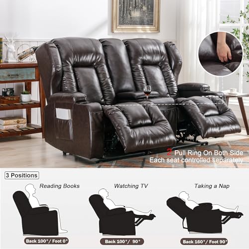 IPKIG 65.3" RV Loveseat Recliner - Faux Leather Manual Reclining Loveseat with Console, Cup Holders, Lumbar Pillow for Living Room, Bedroom, RV, Home Theater - RV Recliners Chair (Beige)