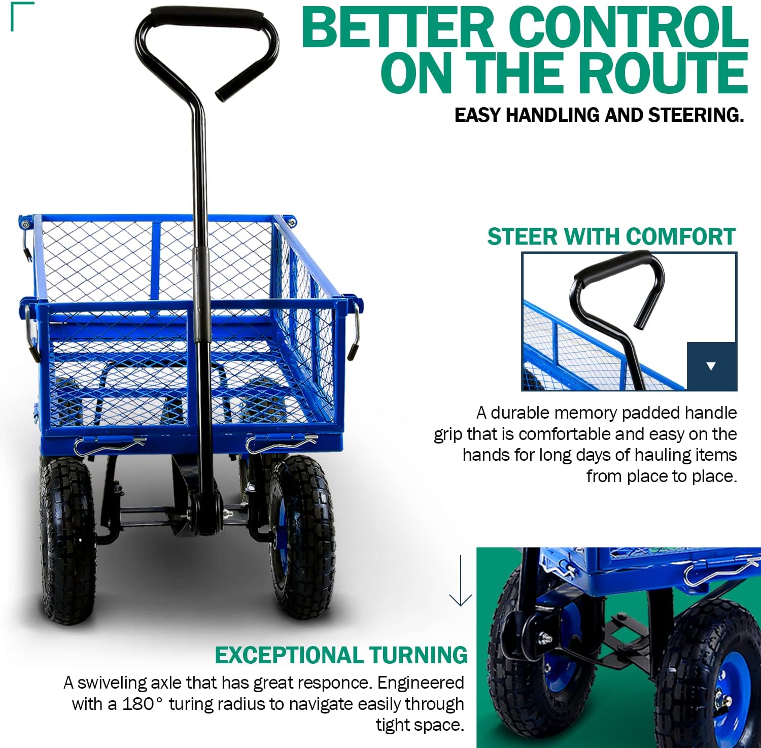 Landworks Lawn & Garden Utility Cart/Beach Wagon, All Terrain, w/Heavy Duty Removable Side Meshes, 400 lbs Cap, Blue