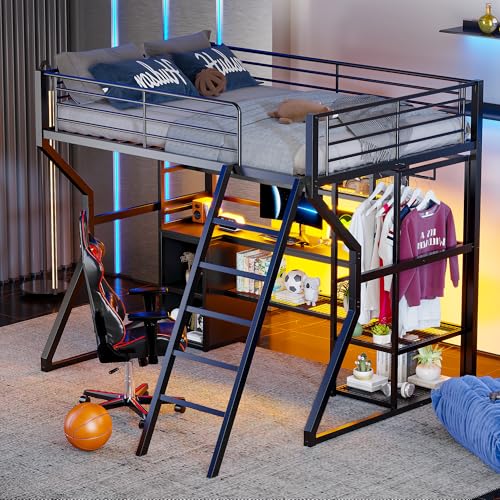 Bellemave Full Size Loft Bed with L-Shaped Desk, Full Metal Loft Bed with 6 Storage Shelves, LED Light, Charging Station, Loft Beds with Open Wardrobe, No Box Spring Needed Black