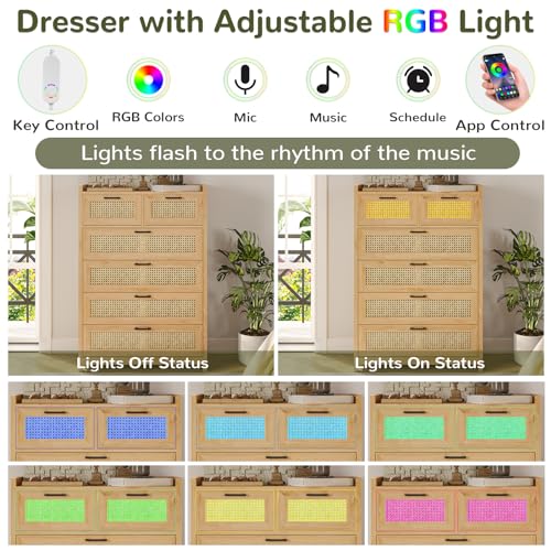 Rattan Dresser for Bedroom with LED Lights, Modern 6 Drawer Dresser with Metal Handles, Wood Storage Chest of Drawers Dresser for Closet, Bedroom, Living Room, Hallway