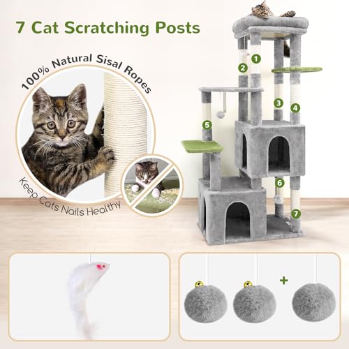 F61 Cat Tower for Indoor Cats, Heavy Duty Cat Trees for Large Cats Adult Big Cats Maine Coon Cat Tree Tower with Scratching Post, Extra Large Top Perch, Cat Condos, Light Grey, 61inch