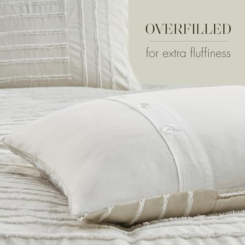 Madison Park King Comforter Set Clipped Jacquard Stripes with Buttons Boho Comforter for a King-Size Bed, Cotton Oversized Comforters with Removable Cover Boho Bedding, King Ivory 9 Piece