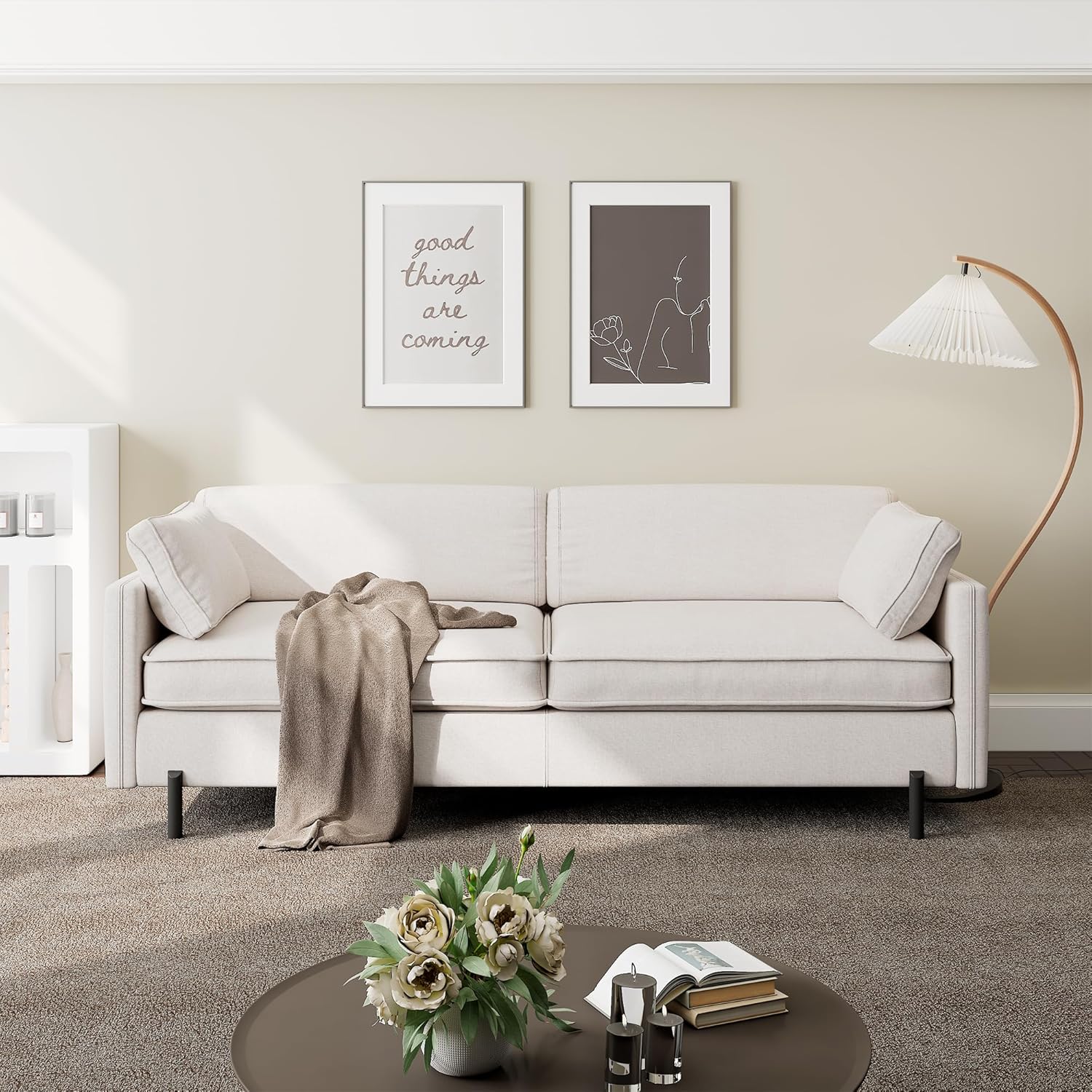 79" Comfy Sofa with 2 Pillow, Modern 3 Seater Linen Sofa Couch, Solid Wood Frame & Metal Legs, Perfect for Living Room, Bedroom, for Small Space, Sturdy & Durable, Easy Assembly, Beige