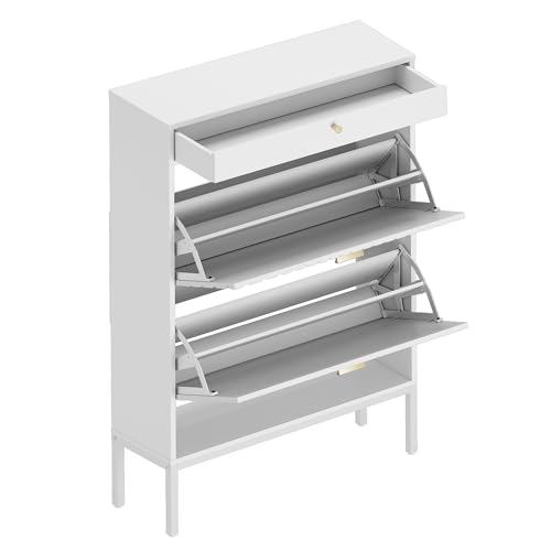 XIAO WEI Shoe Cabinet, Shoe Storage Organizer Cabinet with 2 Flip Wavy Line Drawers, Freestanding Shoe Rack with Adjustable Shelf for Entryway(White)