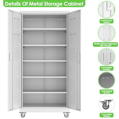 73" H Metal Storage Cabinet with Wheels, Garage Storage Cabinet with 4 Adjustable Shelves and Lockable Doors for Garage Home Office Utility Room,Required Assembly,Black