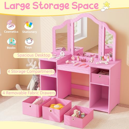 Costzon Kids Vanity, 2 in 1 Princess Makeup Desk Dressing Table with Detachable Top, Toddler Vanity with Tri-fold Mirror & Storage Shelves, Pretend Play Vanity for Little Girls, White