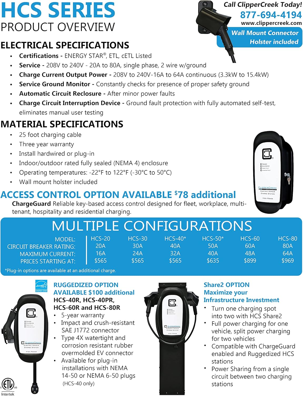 ClipperCreek EV Charging Station, Level 2, HCS-50P, NEMA 14-50, 40A, 25 ft Charging Cable, Safety Certified, Made in America