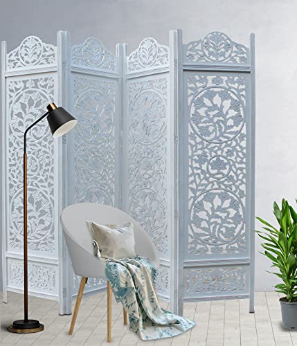 Room Divider Wood Screen - Ghanti Bells Antique Brown - 4 Panel Folding 72 x 80 - Assembled Hand Carved Decorative Functional Versatile Portable Partition Reversible Privacy Boho - COTTON CRAFT