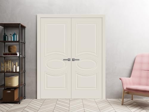 Interior Solid French Double Doors 48 x 84 inches/Mela 7001 Painted Creamy/Wood Interior Solid Panel Frame/Closet Bedroom Modern Doors