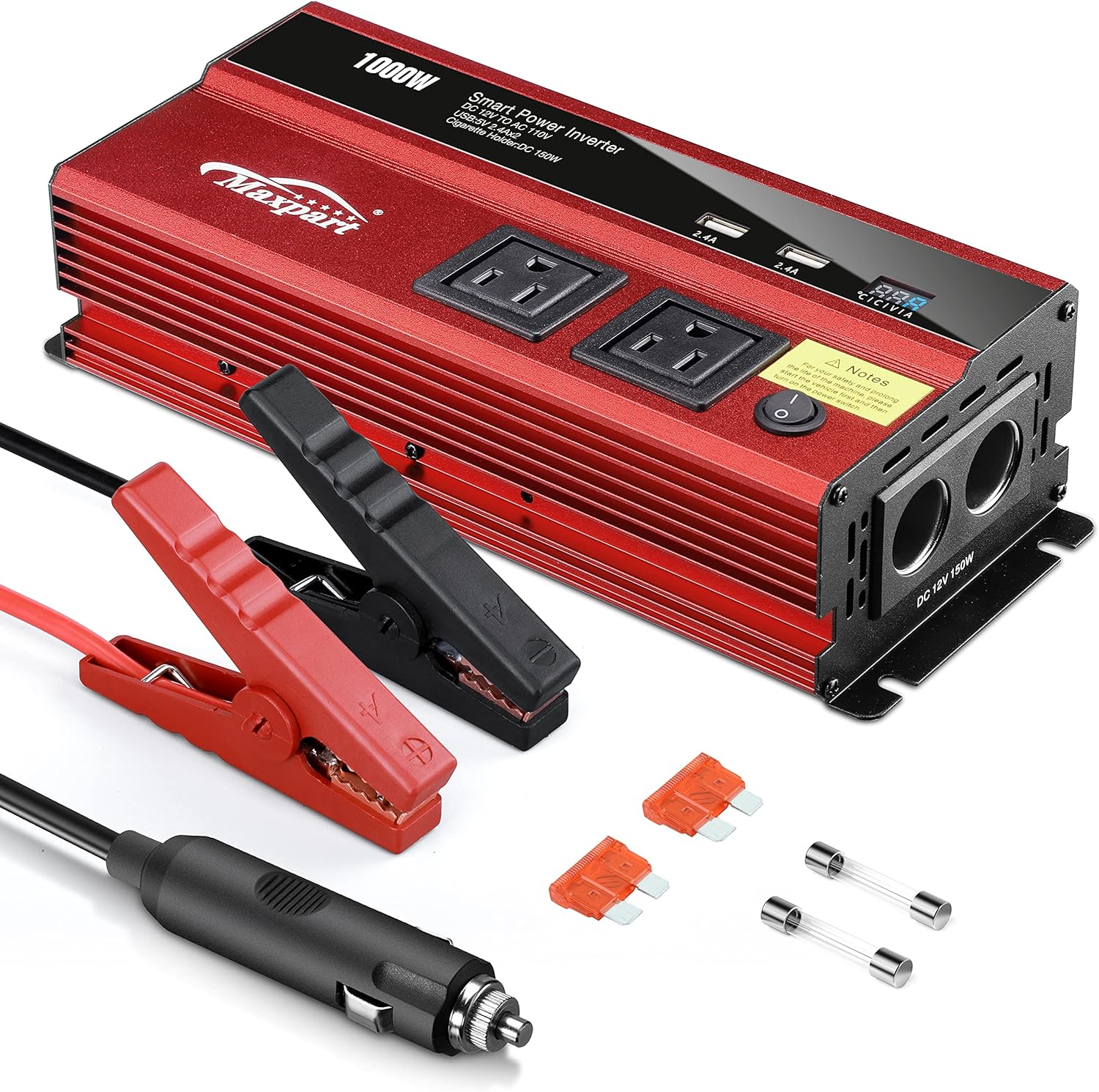 Maxpart 1000W Power Inverters,Car Power Inverter 1000W Inverter 12v to 110v AC Converter with Dual AC Outlets 2.4A USB Inverter and Dual 12V Car Cigarette Lighter for Truck/RV Power Converter Car Pack of 2