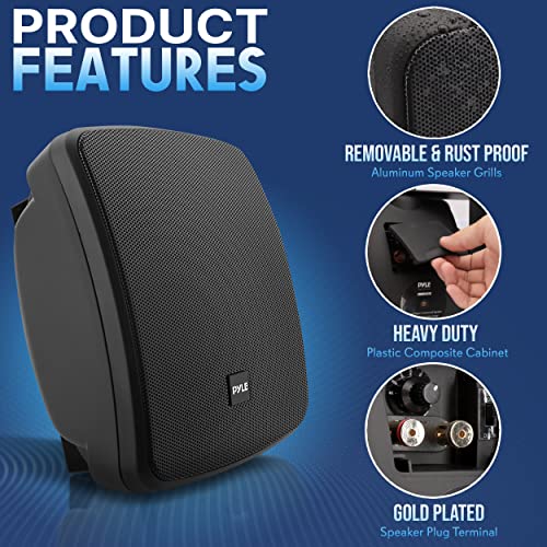 Pyle 5.25 Inch 2 Way Outdoor Waterproof Mountable Wireless Bluetooth Dual Speakers with Heavy Duty Grill Cabinet Enclosure, Black (2 Pack)
