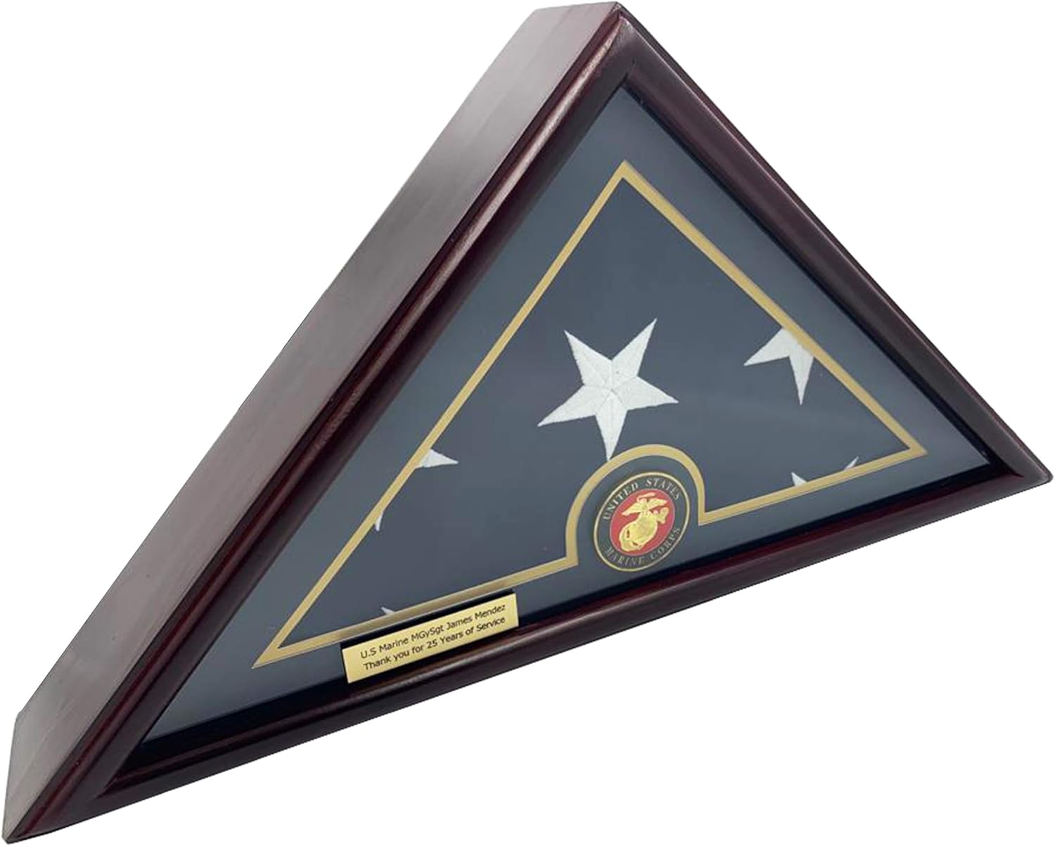 DECOMIL Flat Base 5x9 Flag Display Case for American Veteran Burial Flag - Solid Wood, Cherry Finish, Flag, with A Customized Name Plate, Marine