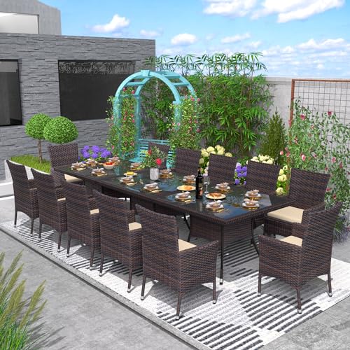 5 Piece Outdoor Dining Set,Rattan Patio Conversation Set of 4 Chairs,Patio Dining Table and Chairs w/Cushions,Square Glass Tabletop,Umbrella Cutout for Patio,NavyBlue