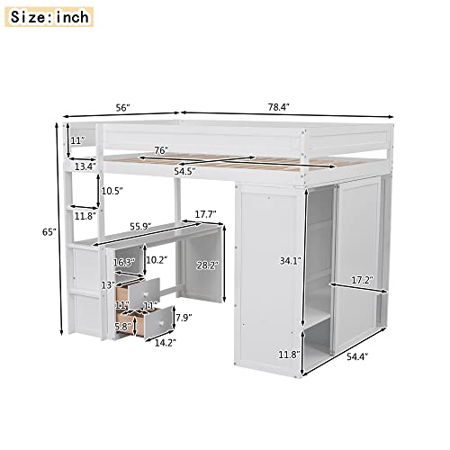 Full Size Loft Bed with Storage Wardrobe and Desk Wooden Loft Beds Frame with Drawers and Cabinet Wood High Loft Beds with Ladder for Kids Teens Adults, White