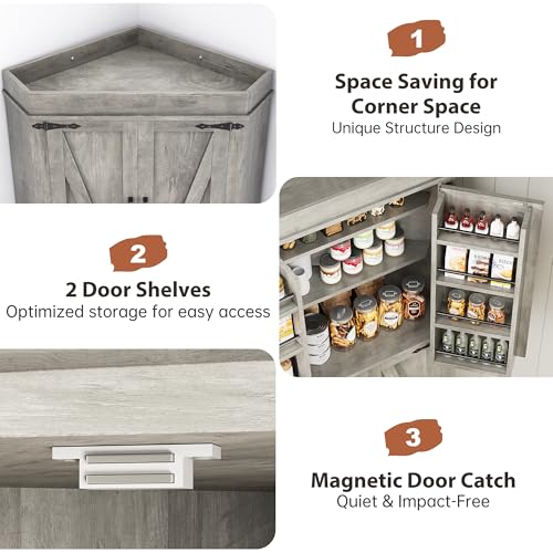 Corner Cabinet, Kitchen Pantry Cabinet, Storage Cabinet with 4 Doors and Shelves, Kitchen Cabinet, Pantry Cabinet, Tall Food Pantry Storage Cabinet Farmhouse Furniture for Kitchen Dining Room, Grey