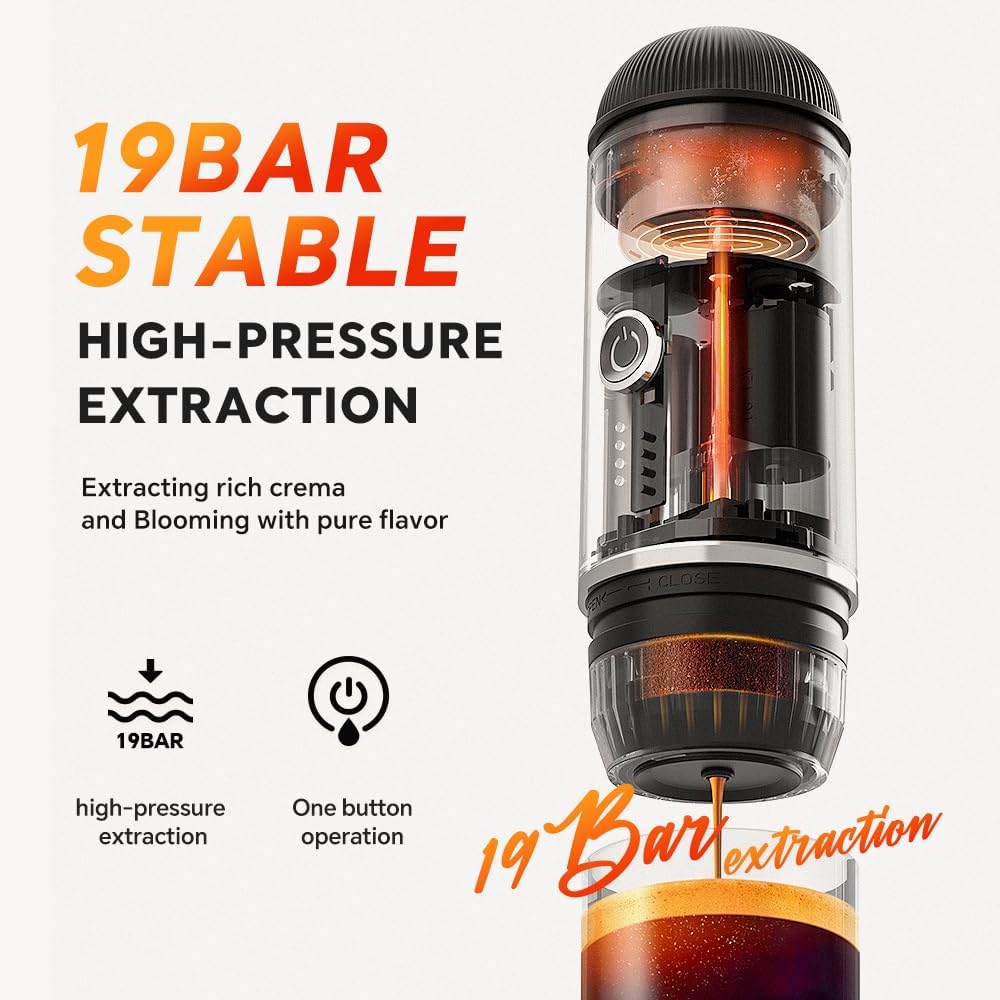 Portable Coffee Maker Travel Espresso Machine 120W, 19 Bar Pressure 7500mAh Rechargeable Battery Version Portable On the Go for Camping, Driving, Home and Office Travelling