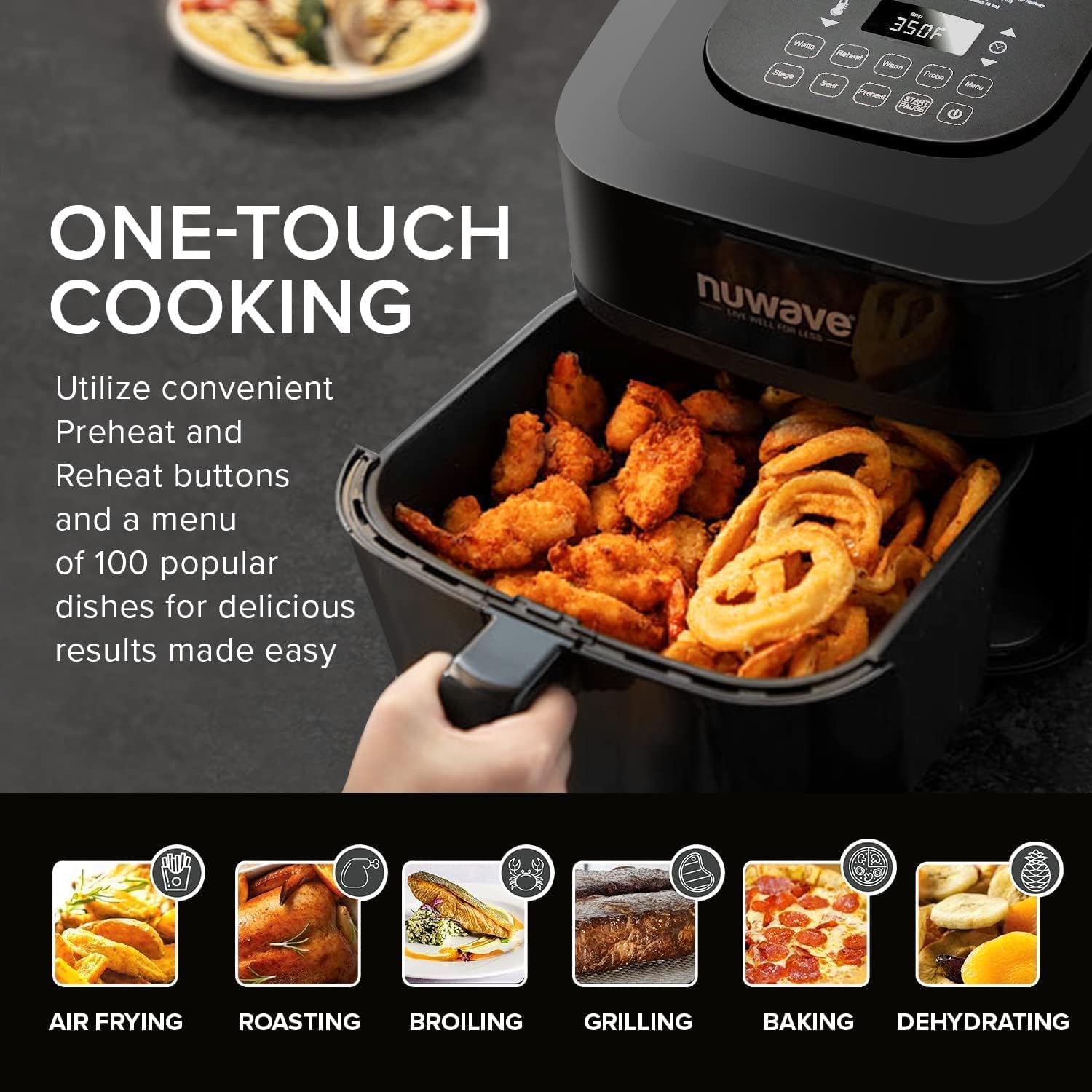 NUWAVE Brio 8-Qt Air Fryer, Powerful 1800W, Easy-to-Read Cool White Display, 50°-400°F Temp Controls, 100 Pre-Programmed Presets & 50 Memory Slots, Integrated Smart Thermometer, Linear T Technology