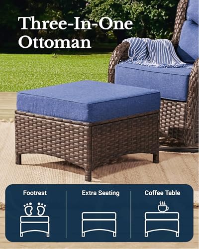 Luxury Patio Furniture Set with 6-inch Thick Cushion, Outdoor Couch and High Back Swivel Rocker Patio Chairs, 7PCS Wicker Conversation Set for Deck, Yard, and Poolside in Blue (V2)