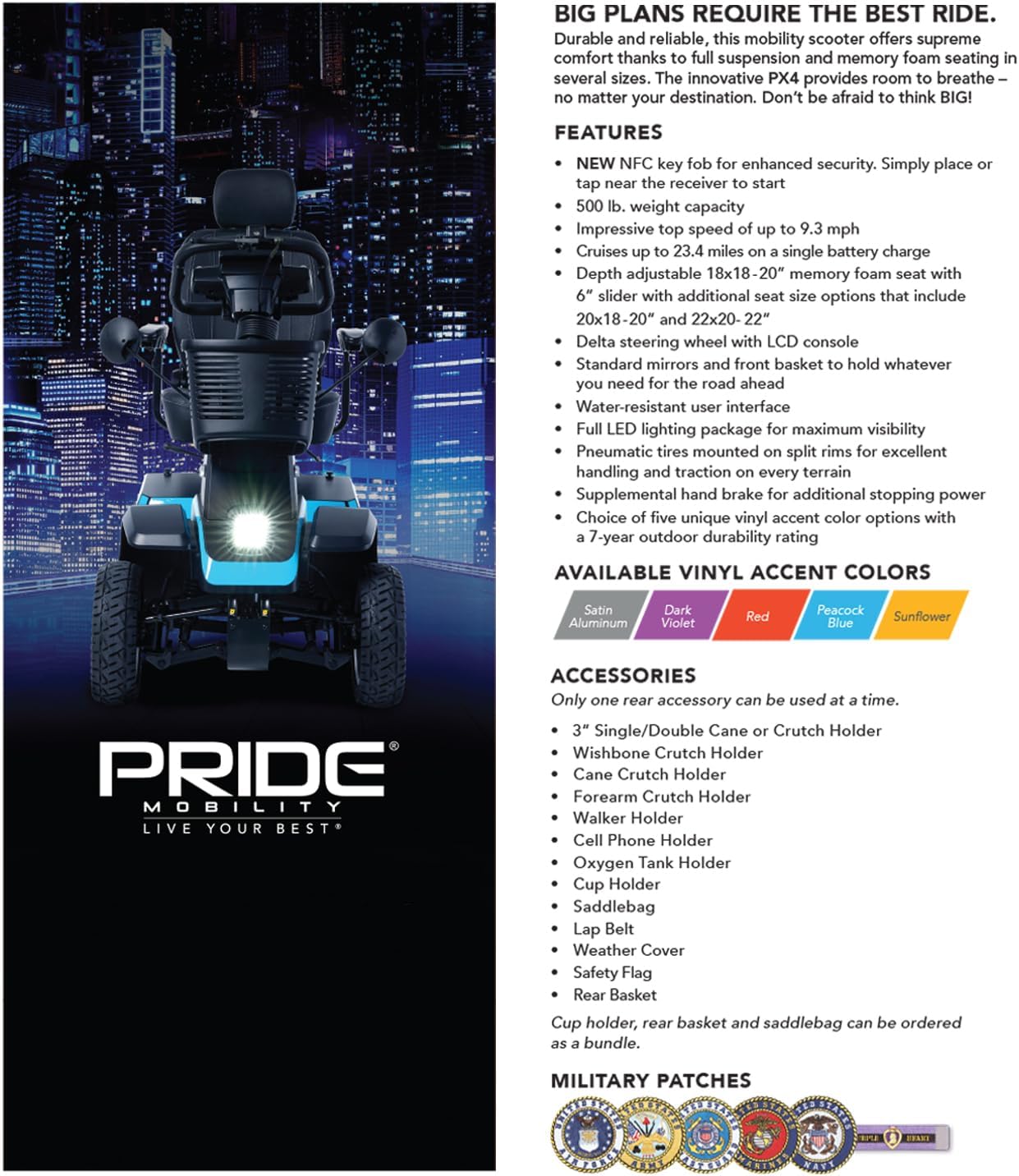 Pride Mobility PX4 Mobility Scooter, Outdoor 4-Wheel Travel Electric Scooter for Adults, 500 lbs. WC, Up to 9.3 MPH, 23.4 Miles Range Per Charge, NFC Key Fob for Enhanced Security