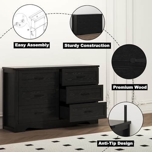 Dresser for Bedroom with 6 Drawers, Modern Wide Wooden Closet Dresser Chest Storage Organizer for Living Room Entryway Home Office (White)