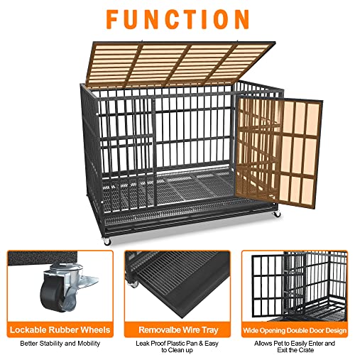 54/48/42/38 inch Heavy Duty Indestructible and Escape-Proof Dog Crate Cage Kennel for Large Dogs, High Anxiety Dog Crate with Removable Wire Trays and Wheels, Extra Large XL XXL