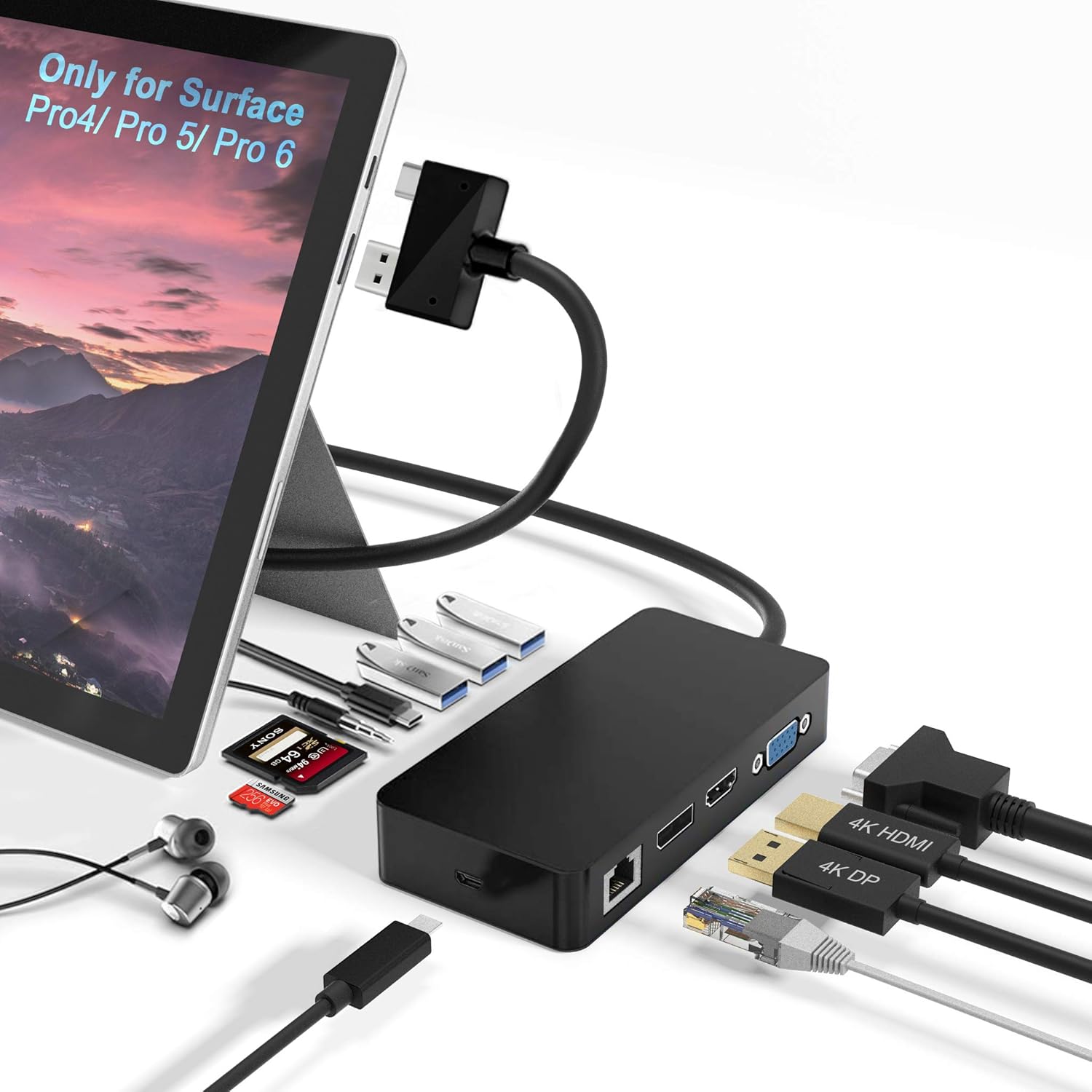 Surface Pro Dock for Surface Pro 4/Pro 5/Pro 6 USB Hub Docking Station with Gigabit Ethernet, 4K HDMI VGA DP Display, 3xUSB 3.0, Audio Out, USB C, SD/TF Card Slot Combo Dock Only for Surface Pro 4/5/6