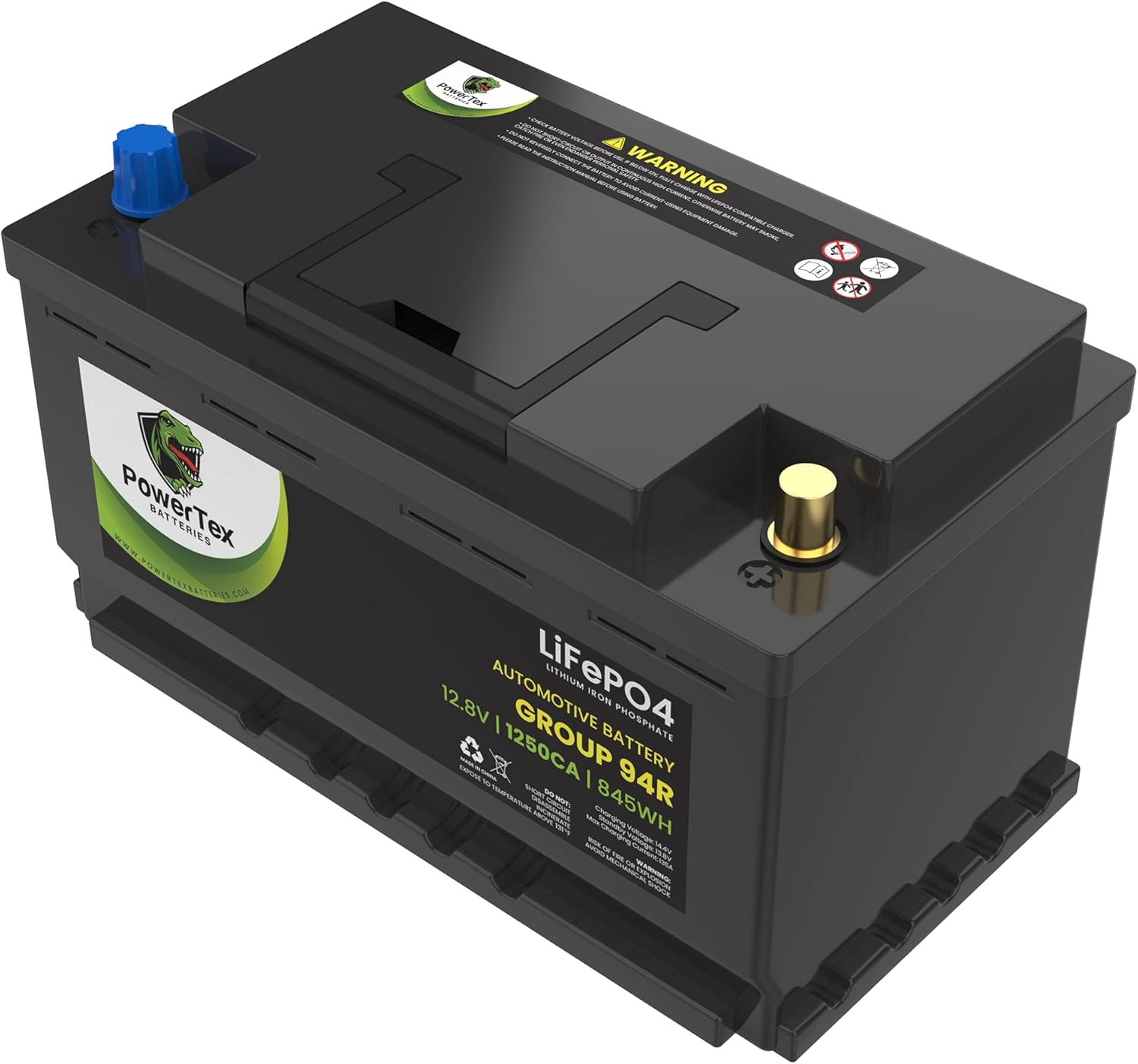 Powertex Batteries Lithium-Ion LiFePO4 BCI Group Size 94R / H7 Automotive Battery - 12.8V 1250CA 590CCA 66Ah 845Wh - AGM & SLA Drop-In Premium Replacement