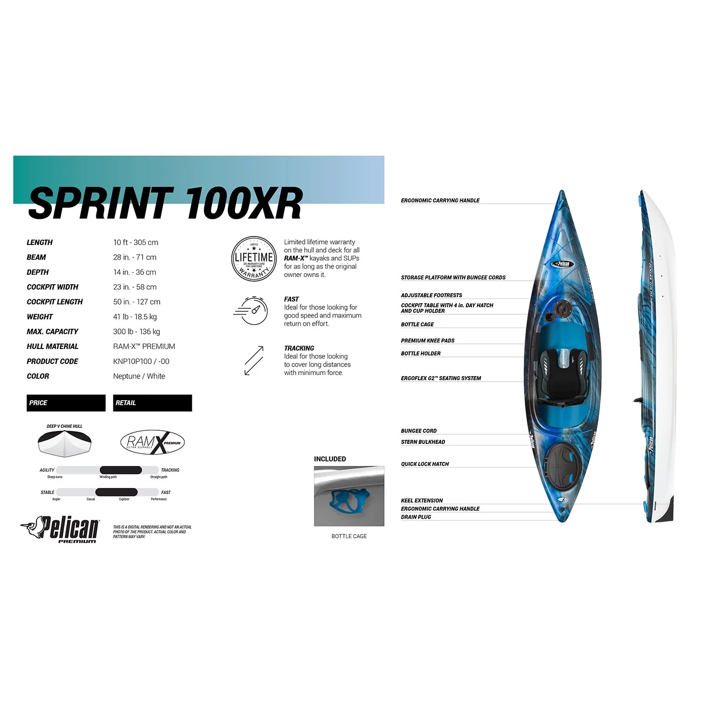 Pelican - Sprint 100XR - Sit-In Performance Kayak - 10 ft - Neptune