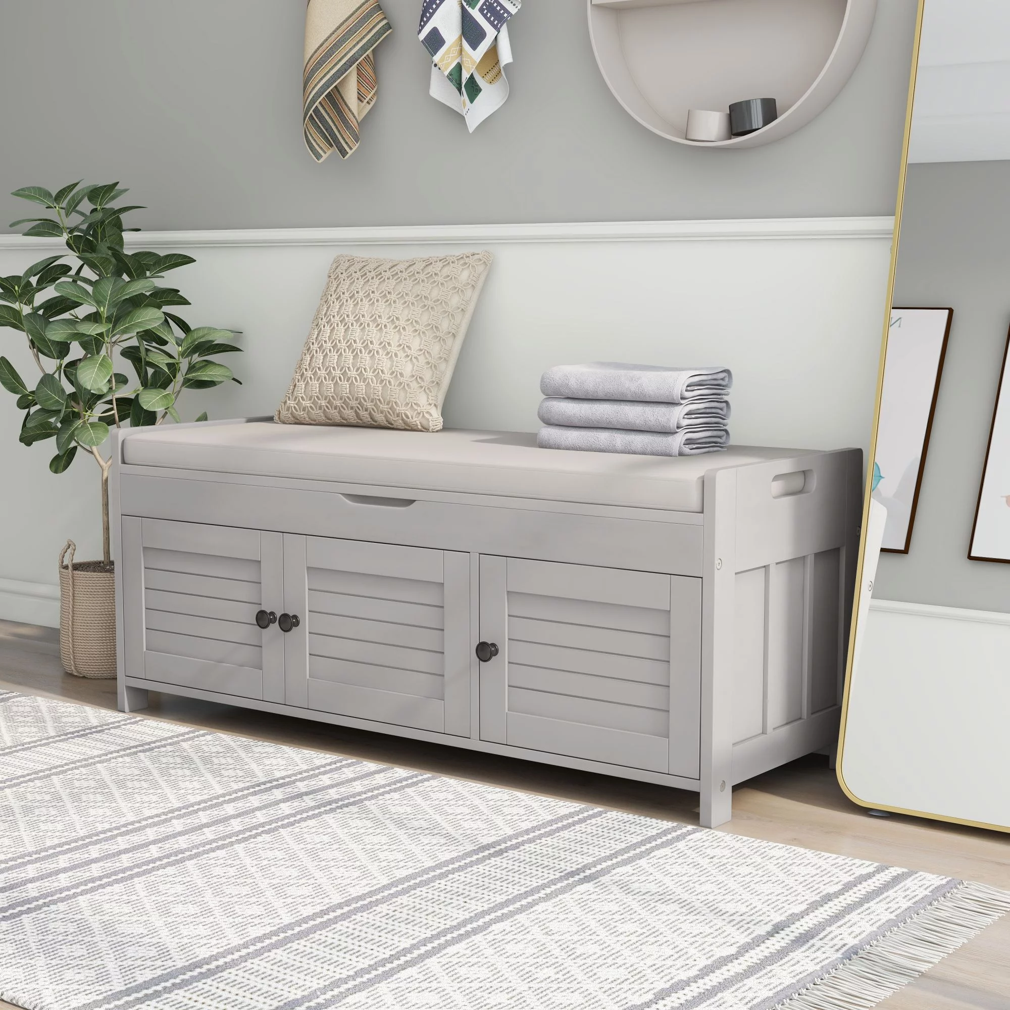 CHURANTY Entryway Storage Bench with Cushion Woodenb Shoe bench with Seat, 3 Shutter-shaped Doors, Hidden Storage Space,Gray Wash