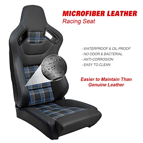 IKON MOTORSPORTS, Universal Racing Seats Pair with Dual Sliders, PU & Red Plaid Fabric & Carbon Leather Reclinable Left Right