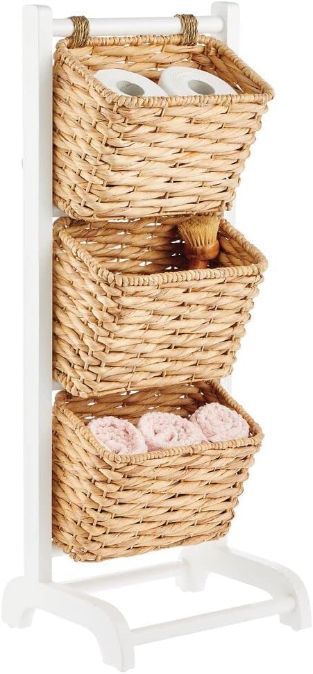 mDesign 3 Tier Vertical Standing Storage Basket Stand, Decorative Wood Storage Organizer Tower Rack with 3 Basket Bins - White/Natural/Tan