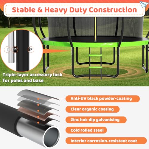 12FT 14FT 16FT Outdoor Trampoline for Kids & Adults, Recreational Trampoline w/Ladder & Safety Net, Heavy Duty Backyard Metal Trampoline, 400/450LBS Round Pumpkin Trampoline, ASTM Approved